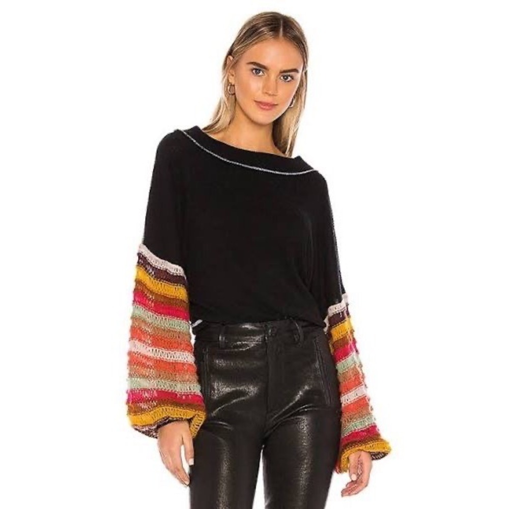 Free People We The Free Cha Cha Sweater Womens XS Black NWT Balloon Sleeve Boho